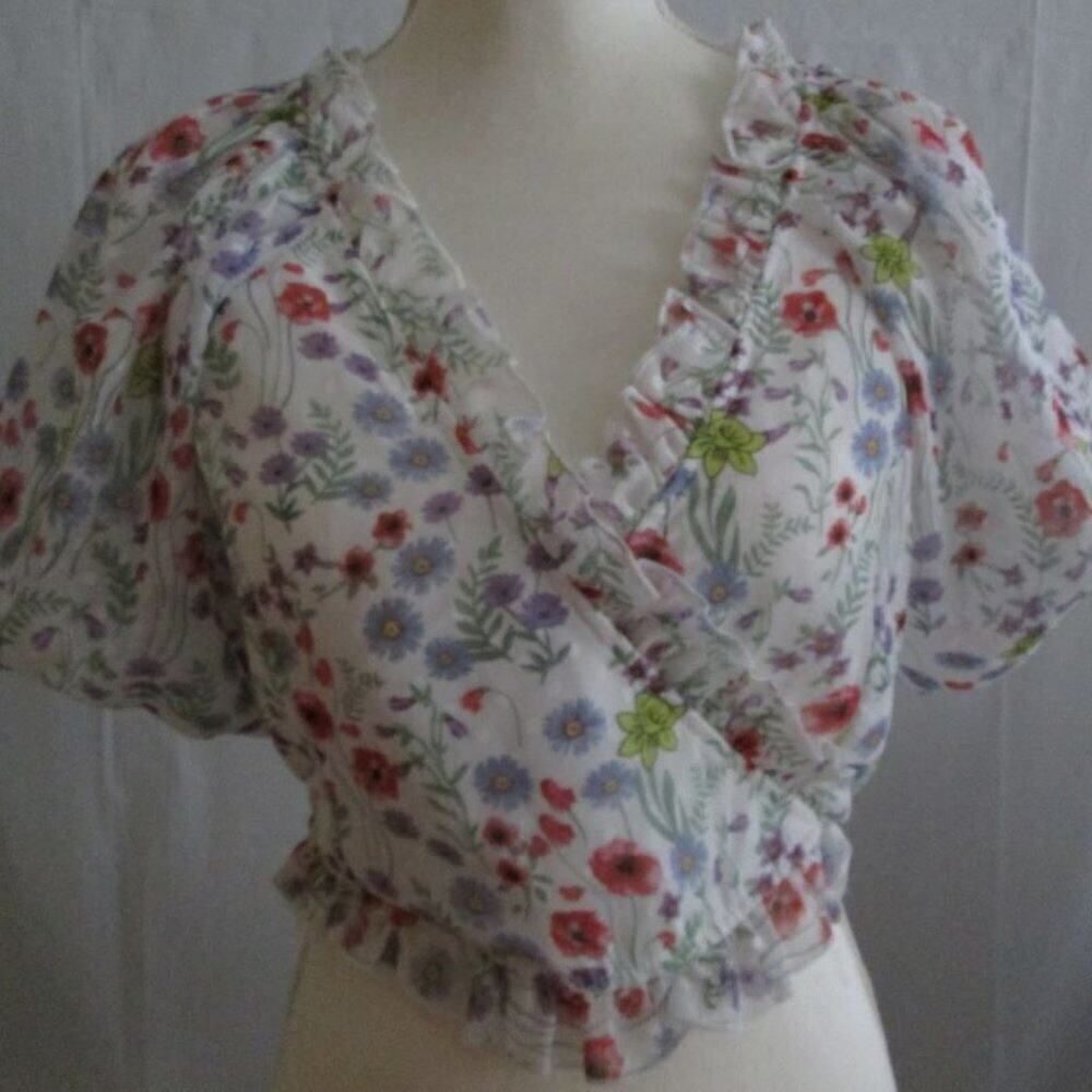 70°F/21°C Ruffle-Trim Floral-Print Crop Top-Size L-Color Blue Multicolor